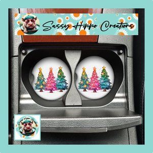 Car Coasters Colorful Christmas Trees Merry Christmas Holiday Set of 2 Neoprene